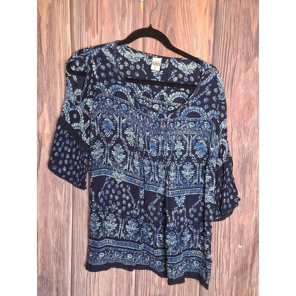 Bila boho peasant blouse blue paisley bell sleeve top size small fairycore